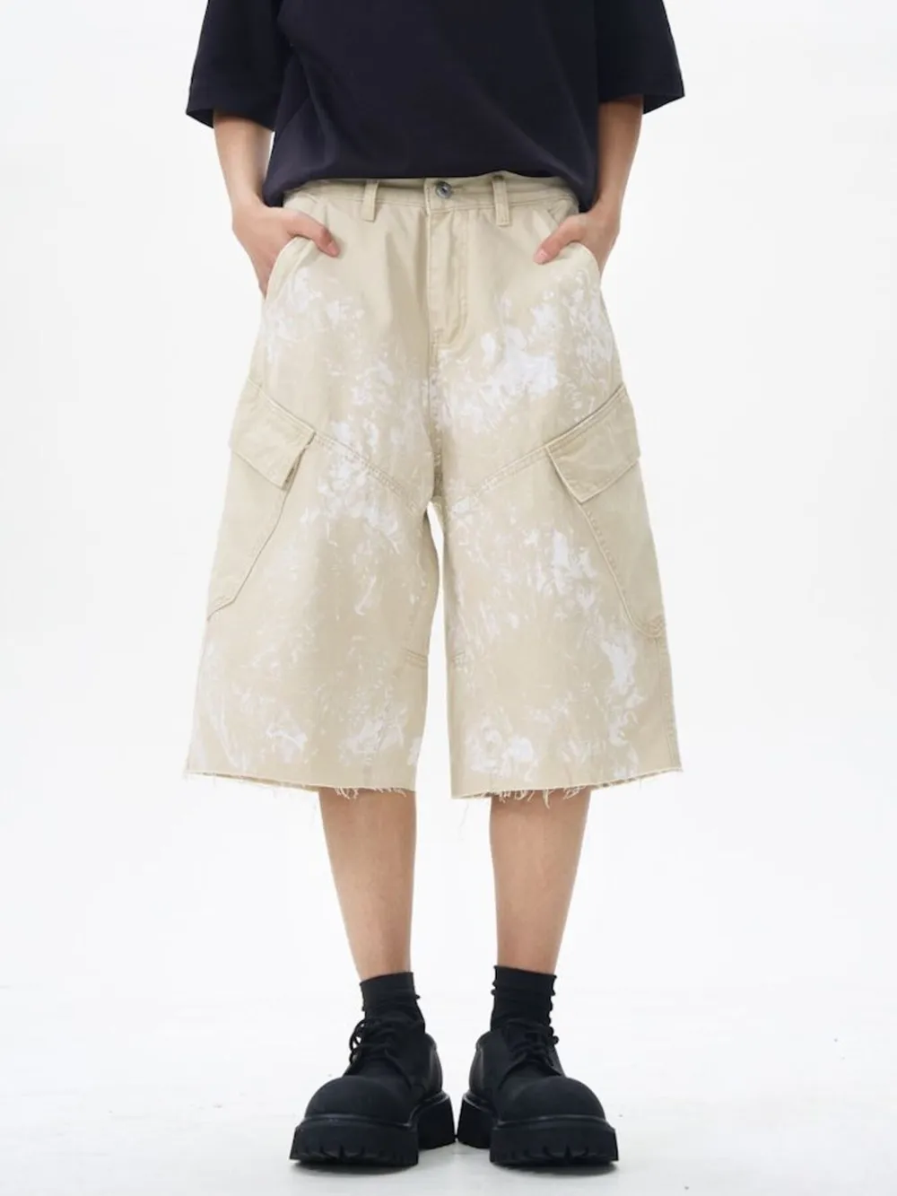Men's Paint Splattered Cargo Bermuda Shorts with Distressed Edge Detail, image 2