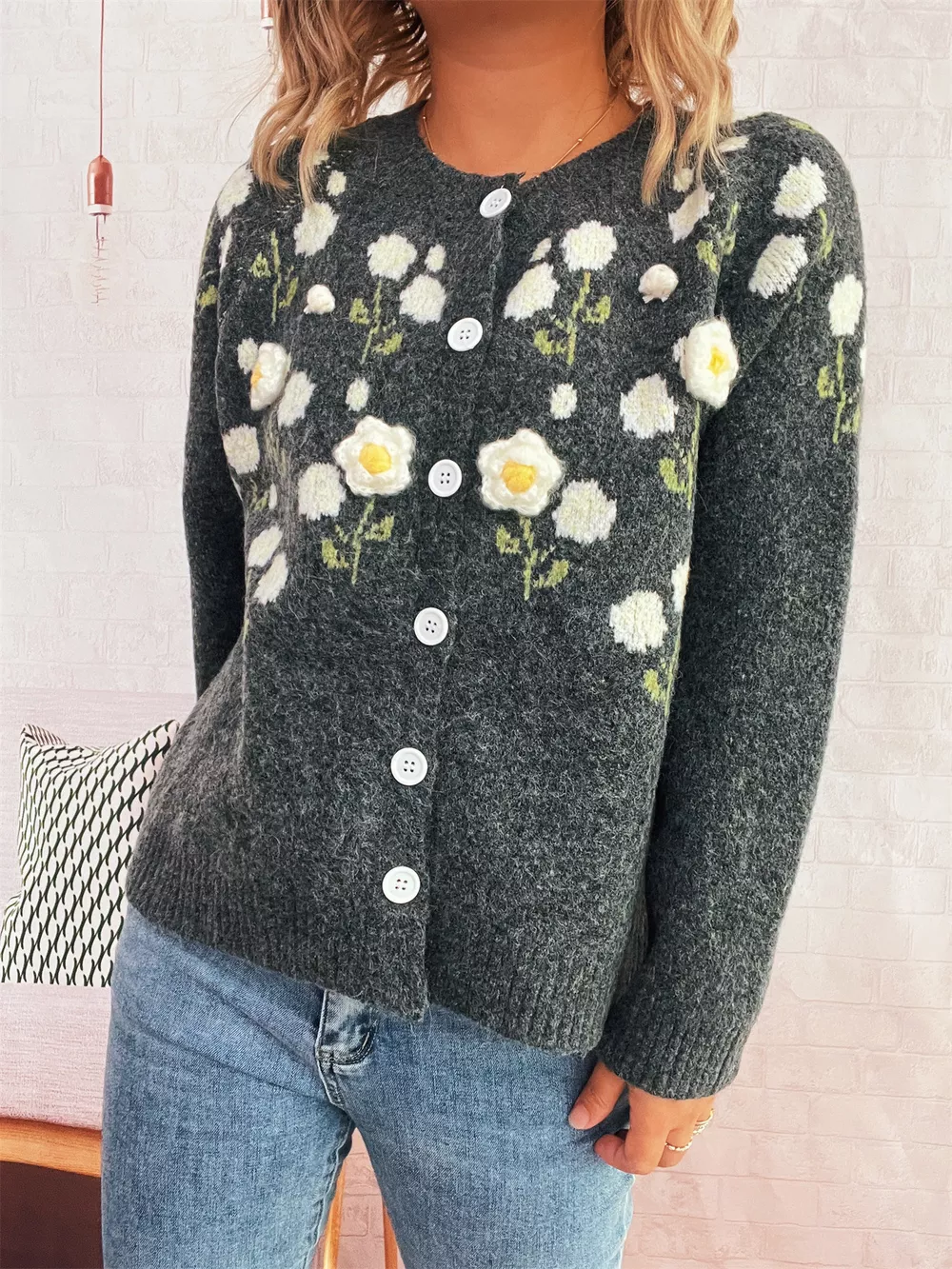 Flower Button Up Long Sleeve Cardigan, image 10