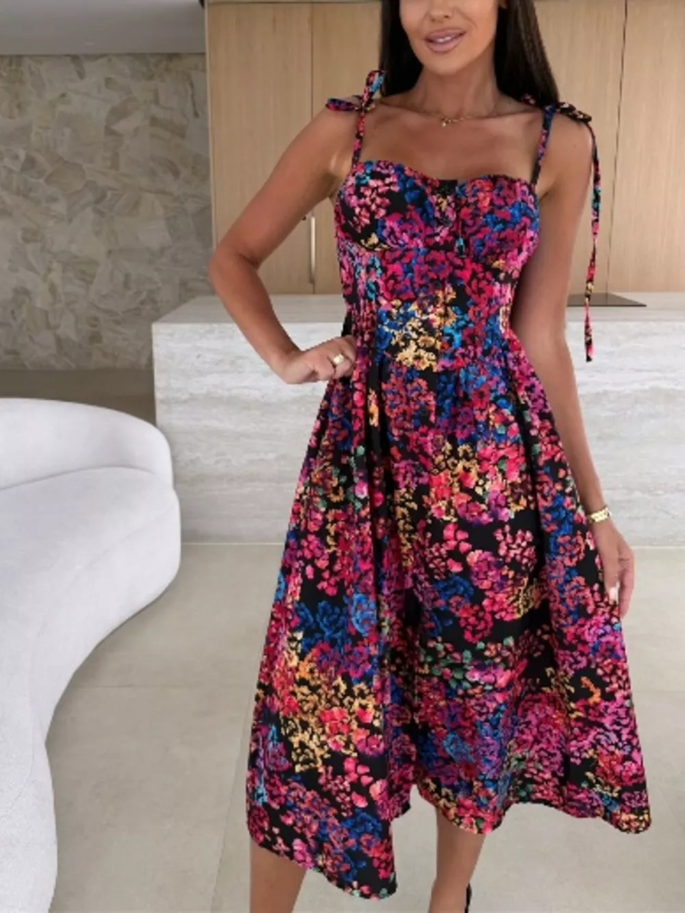 Printed Tie-Strap Midi Dress, image 4