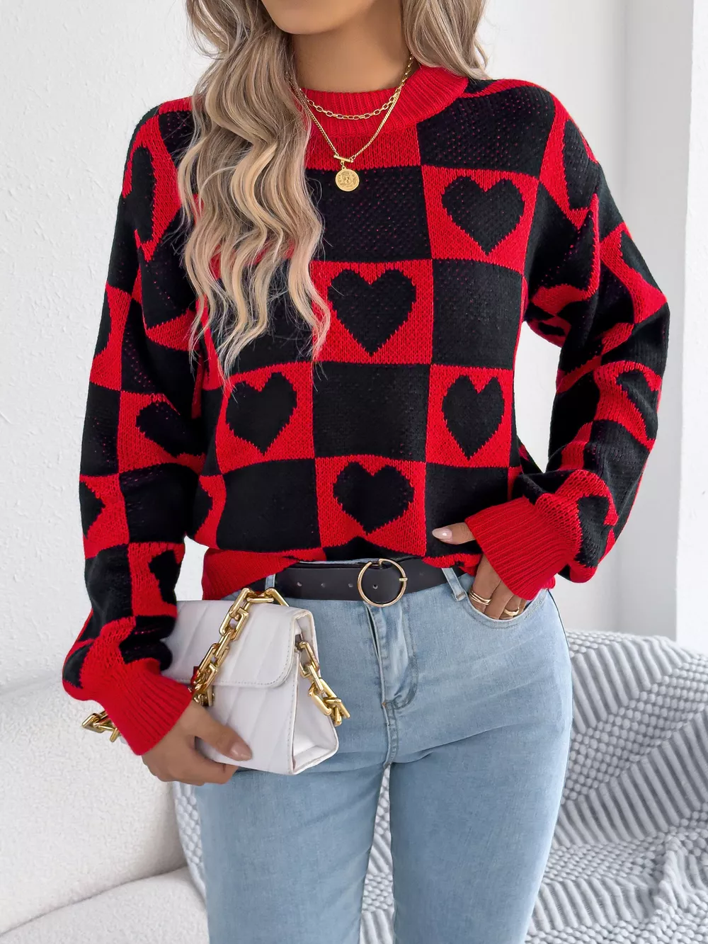 Heart Checkerboard Pattern Round Neck Sweater, image 5
