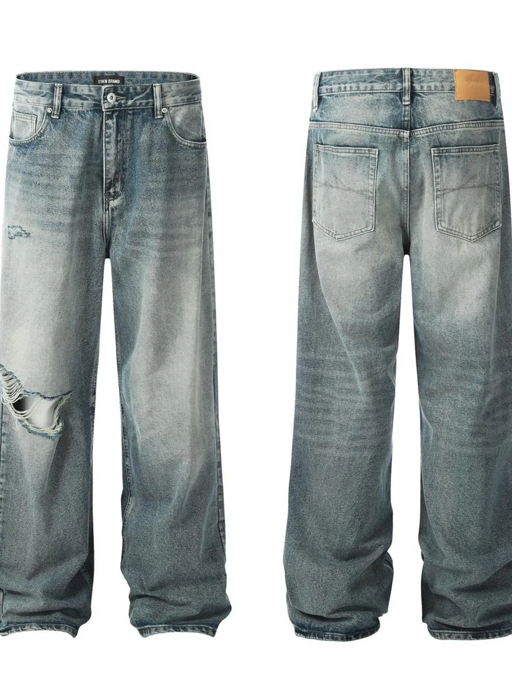 Men's Distressed Wide Leg Vintage Wash Jeans, image 4