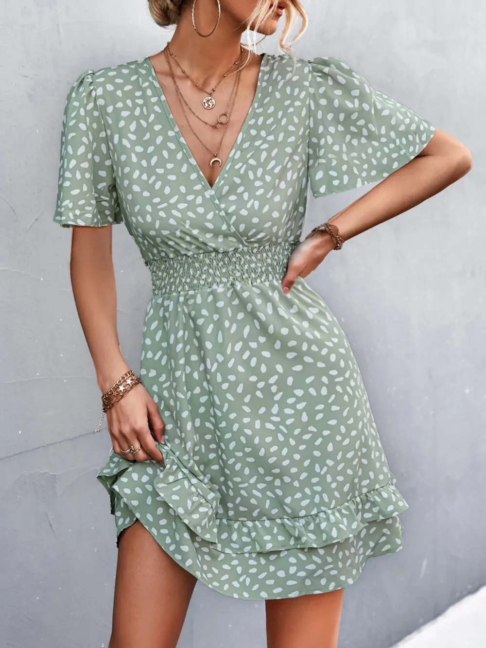 V-Neck Flutter Sleeve Mini Dress, image 11