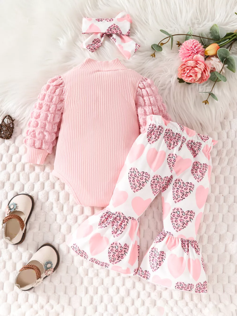 Children's Bubble Texture Long Sleeve Top and Pants Set with Headband, image 3