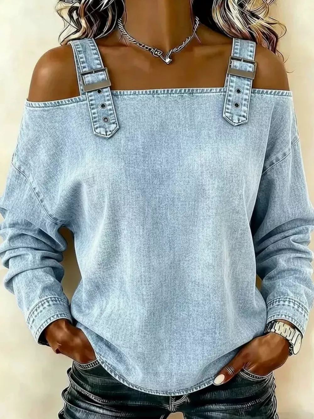 Full Size Buckle Strap Long Sleeve Denim Top Plus Size, image 2