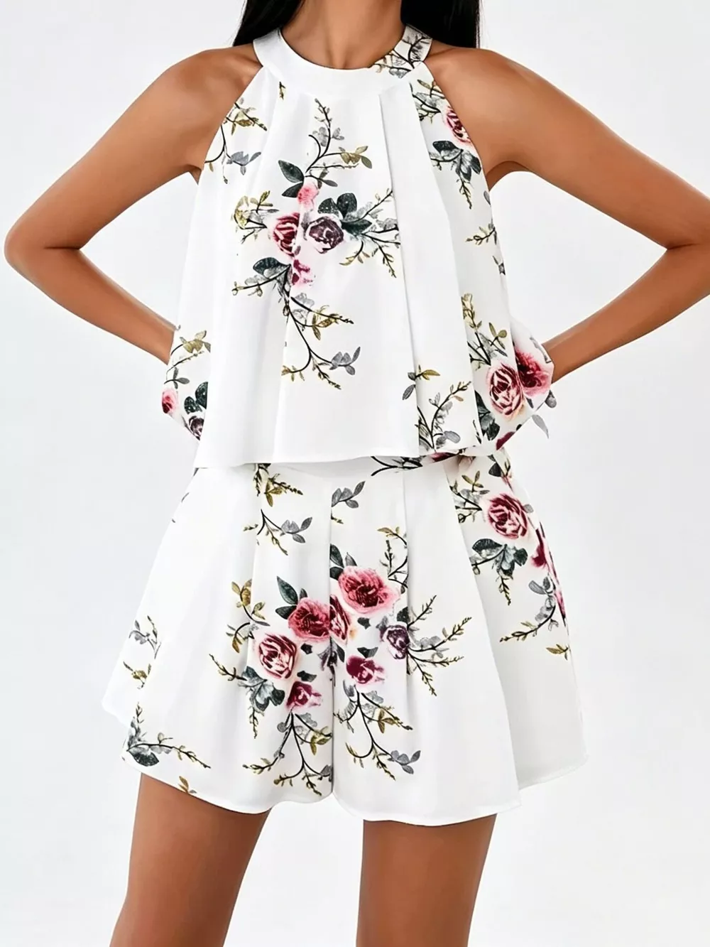 Full Size Floral Print Halter Neck Tank Top and Pleated Shorts Set Plus Size, image 2