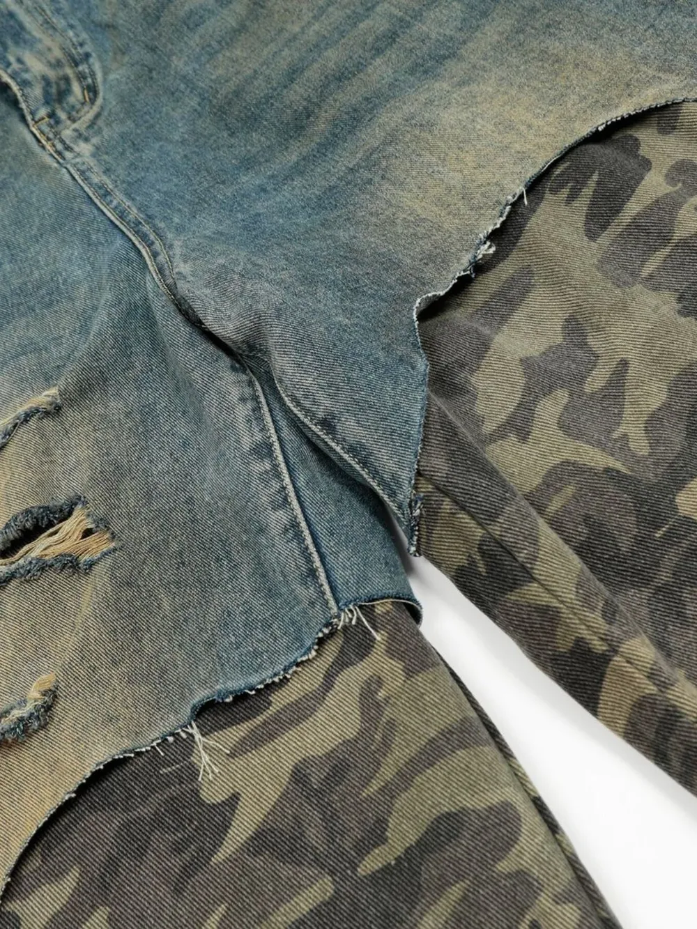 Men's Distressed Camo Patchwork Denim Shorts, image 7