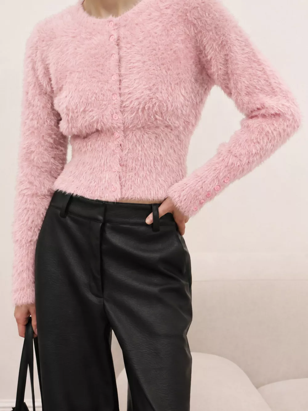 Soft Fuzzy Button-Down Cropped Cardigan, image 32