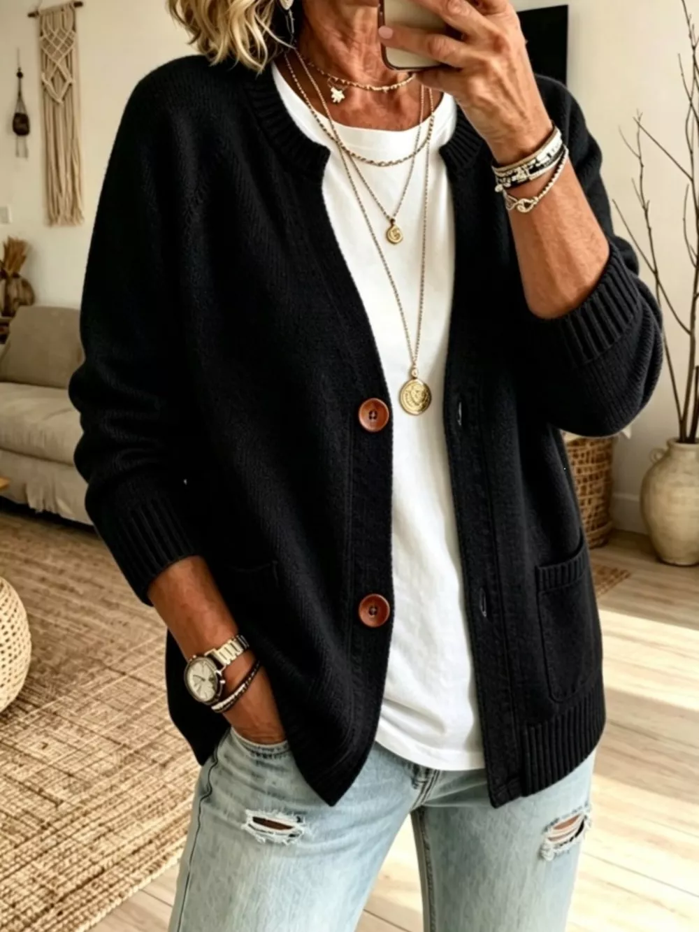 Full Size Button Up Raglan Sleeve Cardigan Plus Size