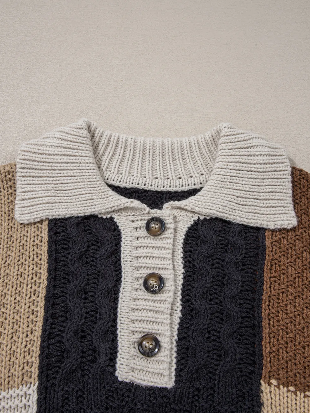 Multicolour Color Block Cable Knit Sleeve Buttons Collared Sweater, image 7