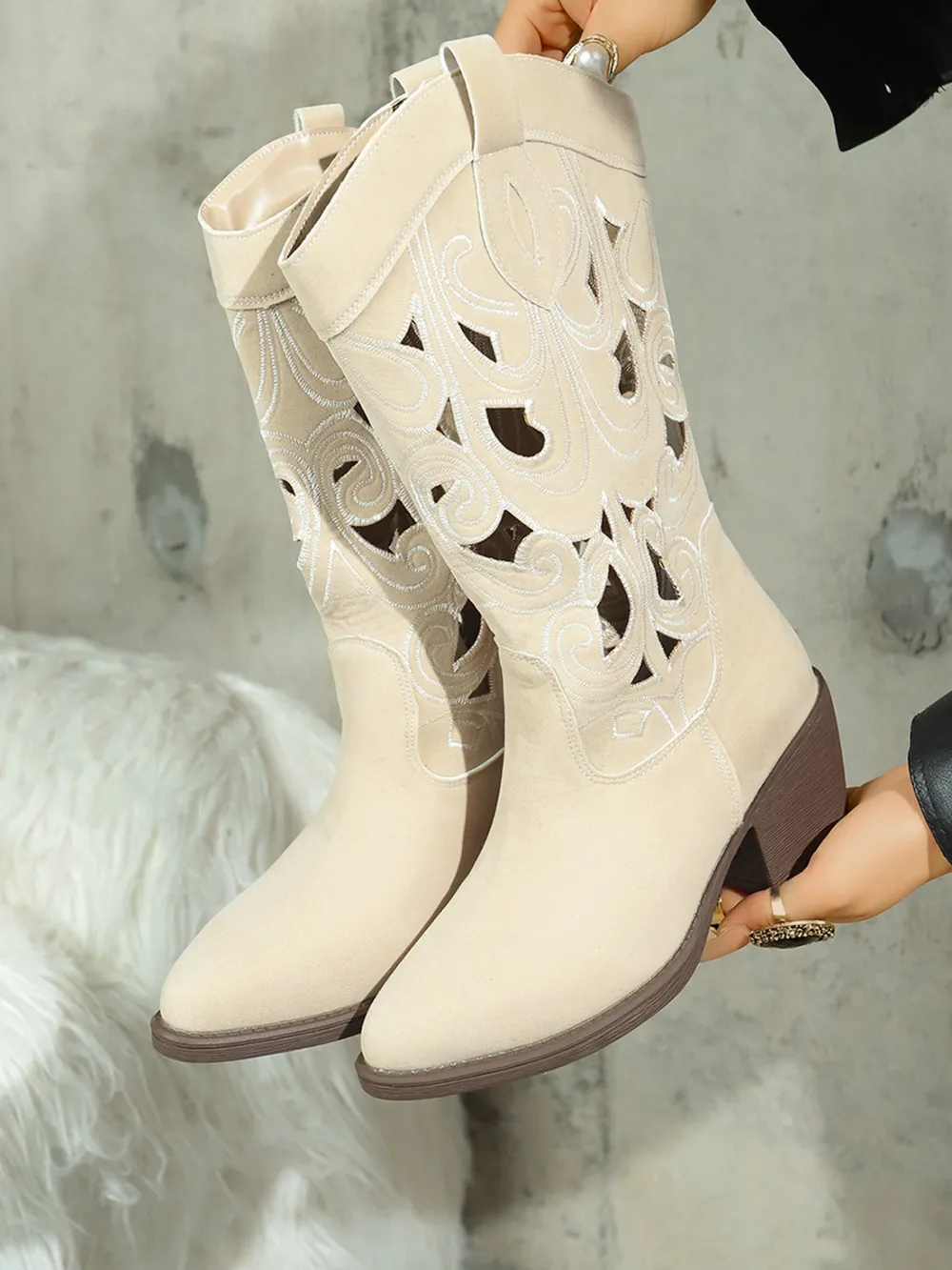 Western Cutout Pattern Block Heel Boots, image 4