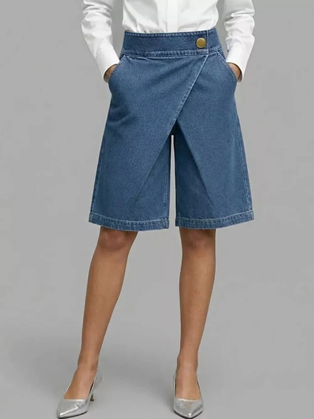 Full Size High-Waisted Wrap-Front Denim Look Shorts Plus Size, image 2