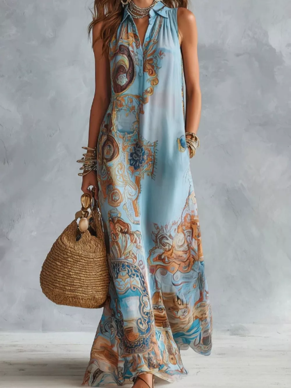 Full Size Bohemian Sleeveless Printed Maxi Shirt Dress Plus Size, image 5