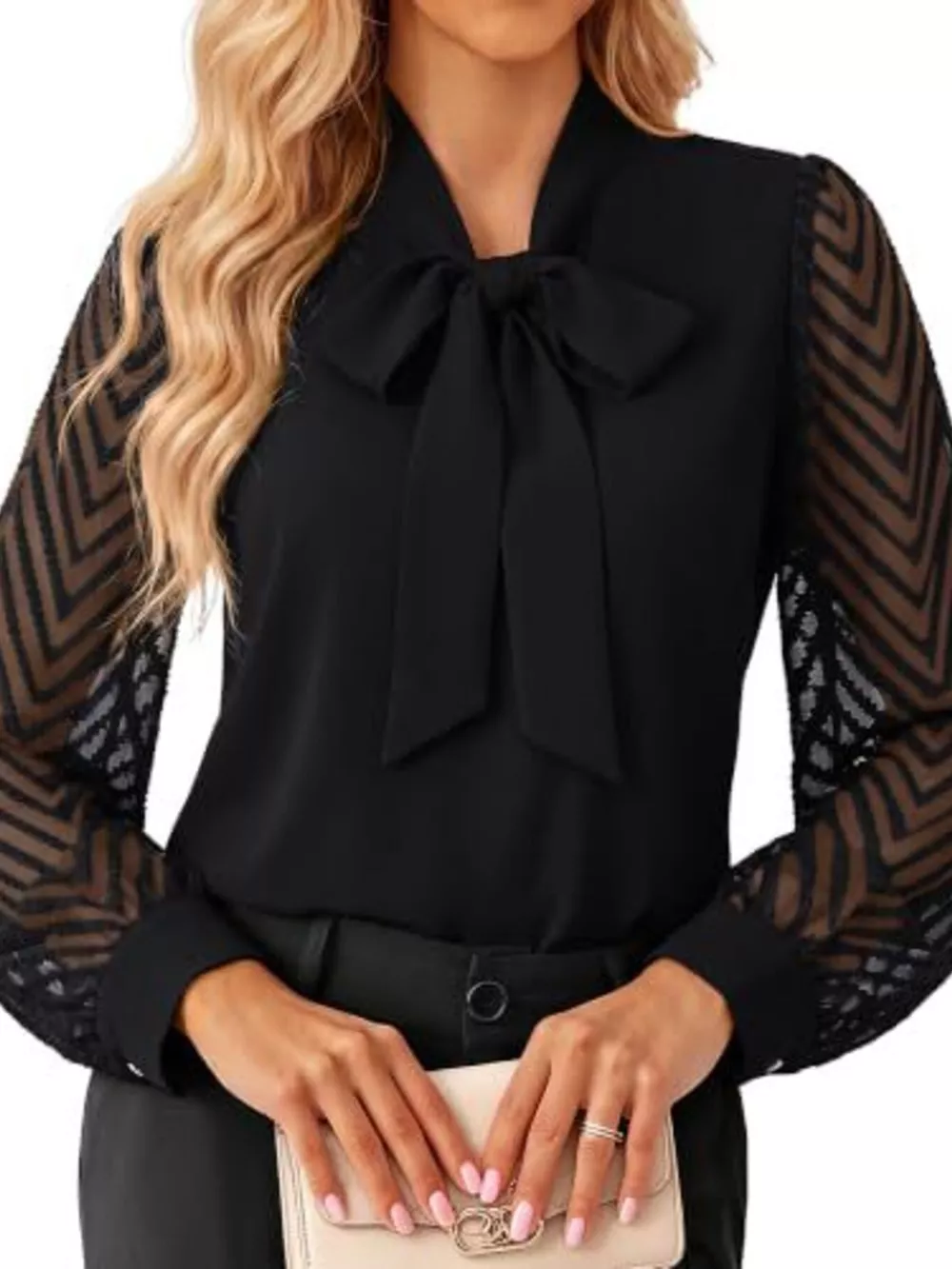 Bow-Tie Blouse with Sheer Chevron Long Sleeves, image 5