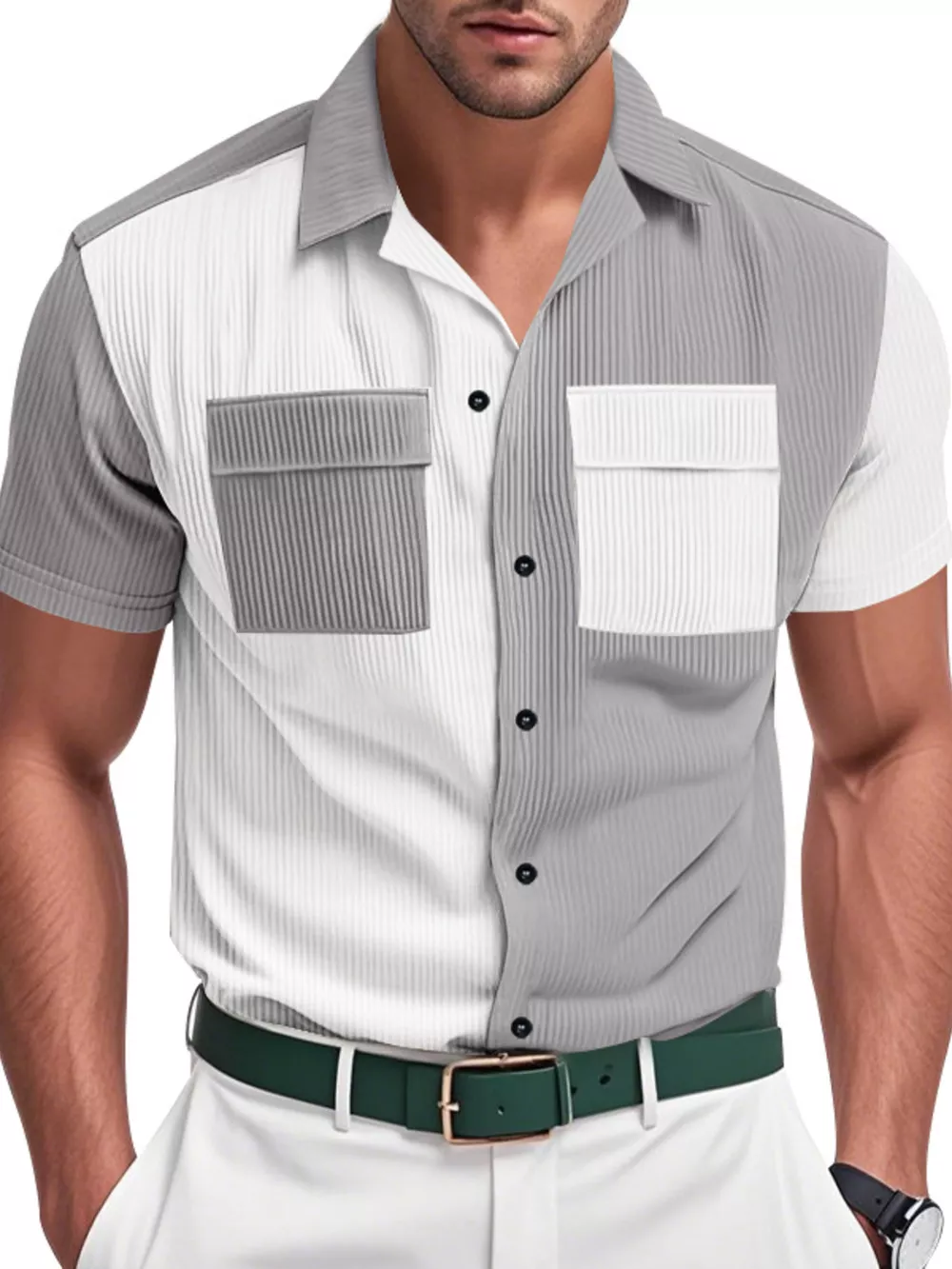 Men's Full Size Two-Tone Textured Short Sleeve Shirt Plus Size, image 5