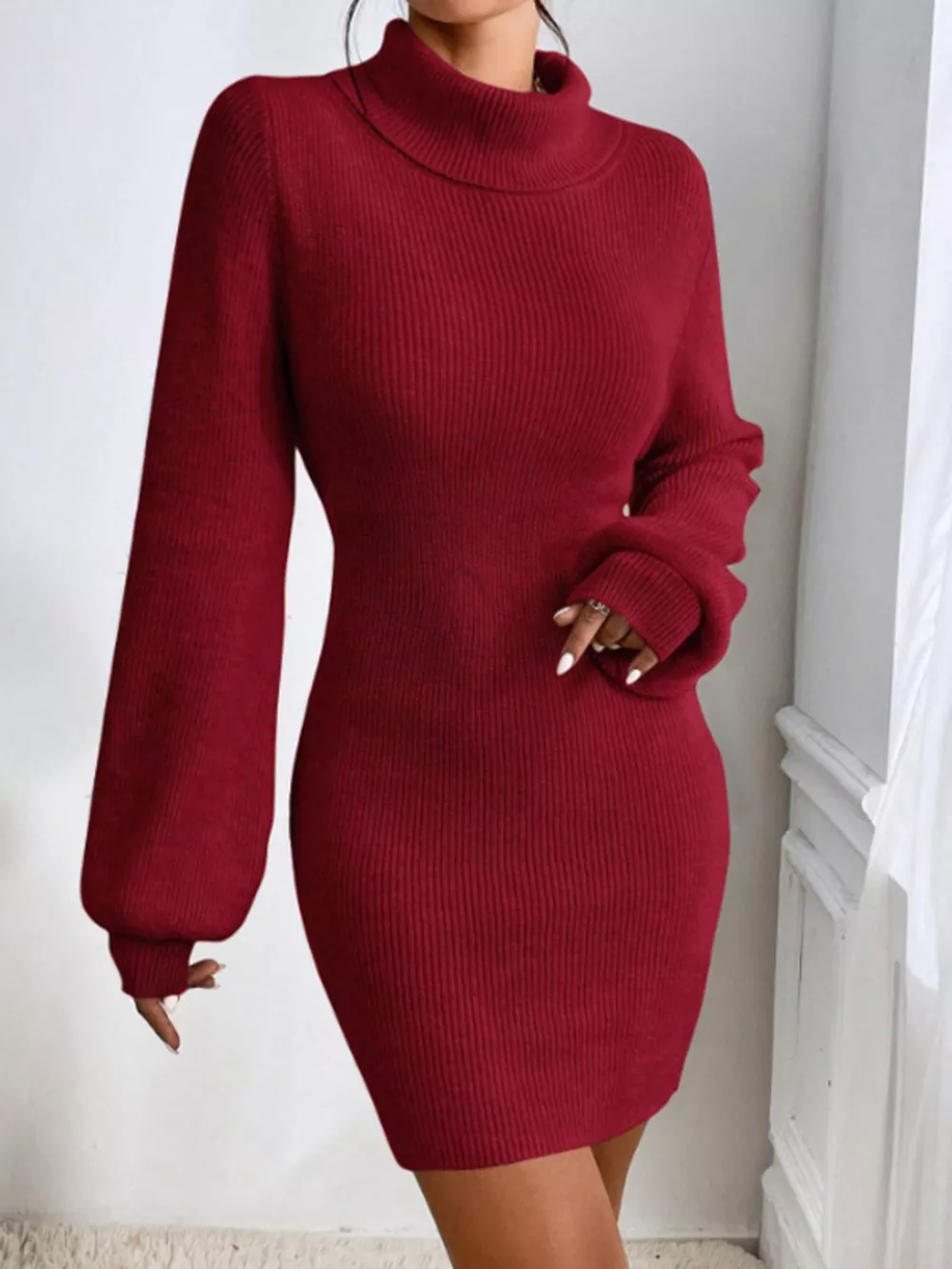 Turtleneck Ribbed Knit Sweater Dress, image 21