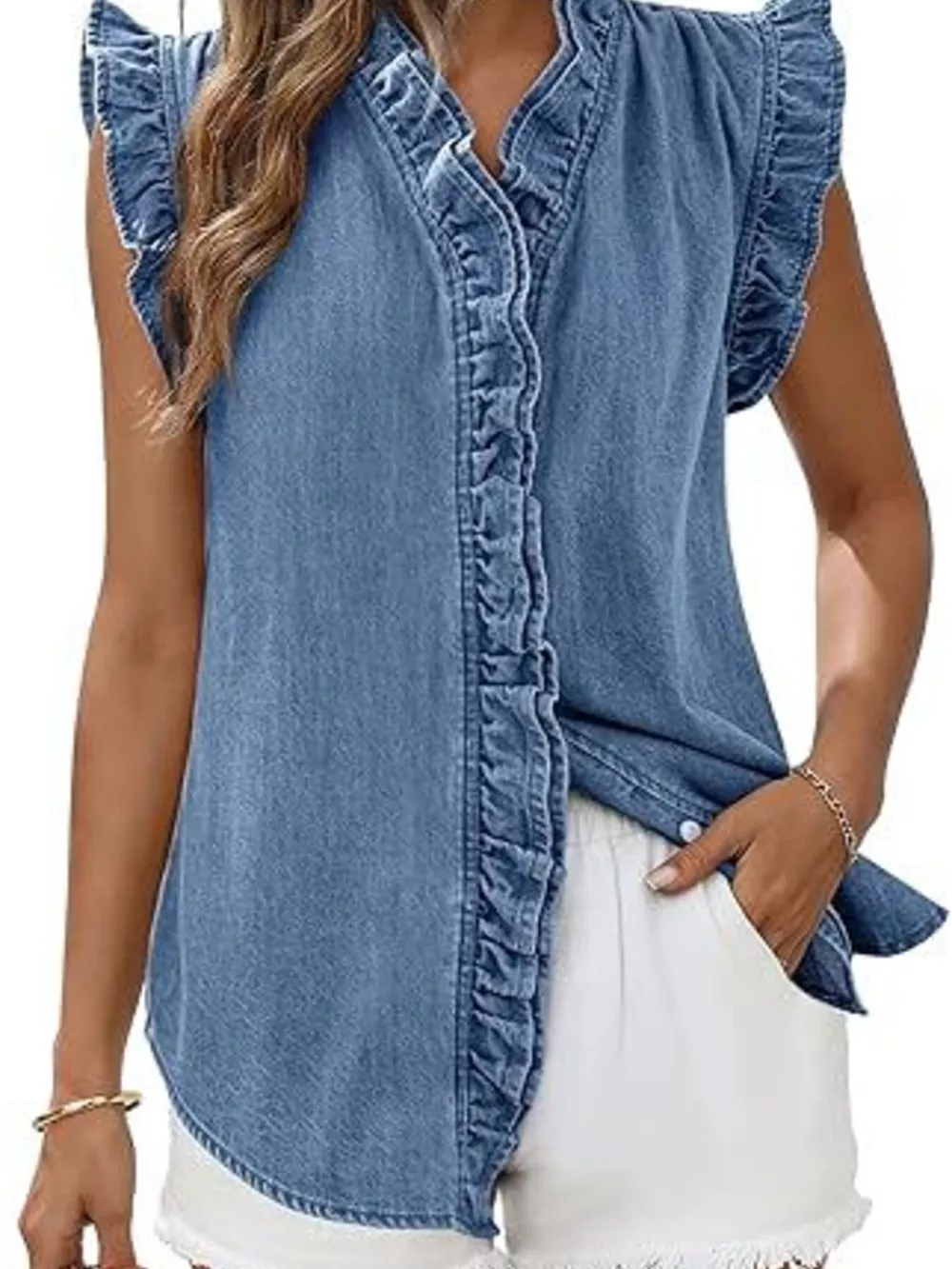 Ruffle Trim V-Neck Sleeveless Denim Top, image 3