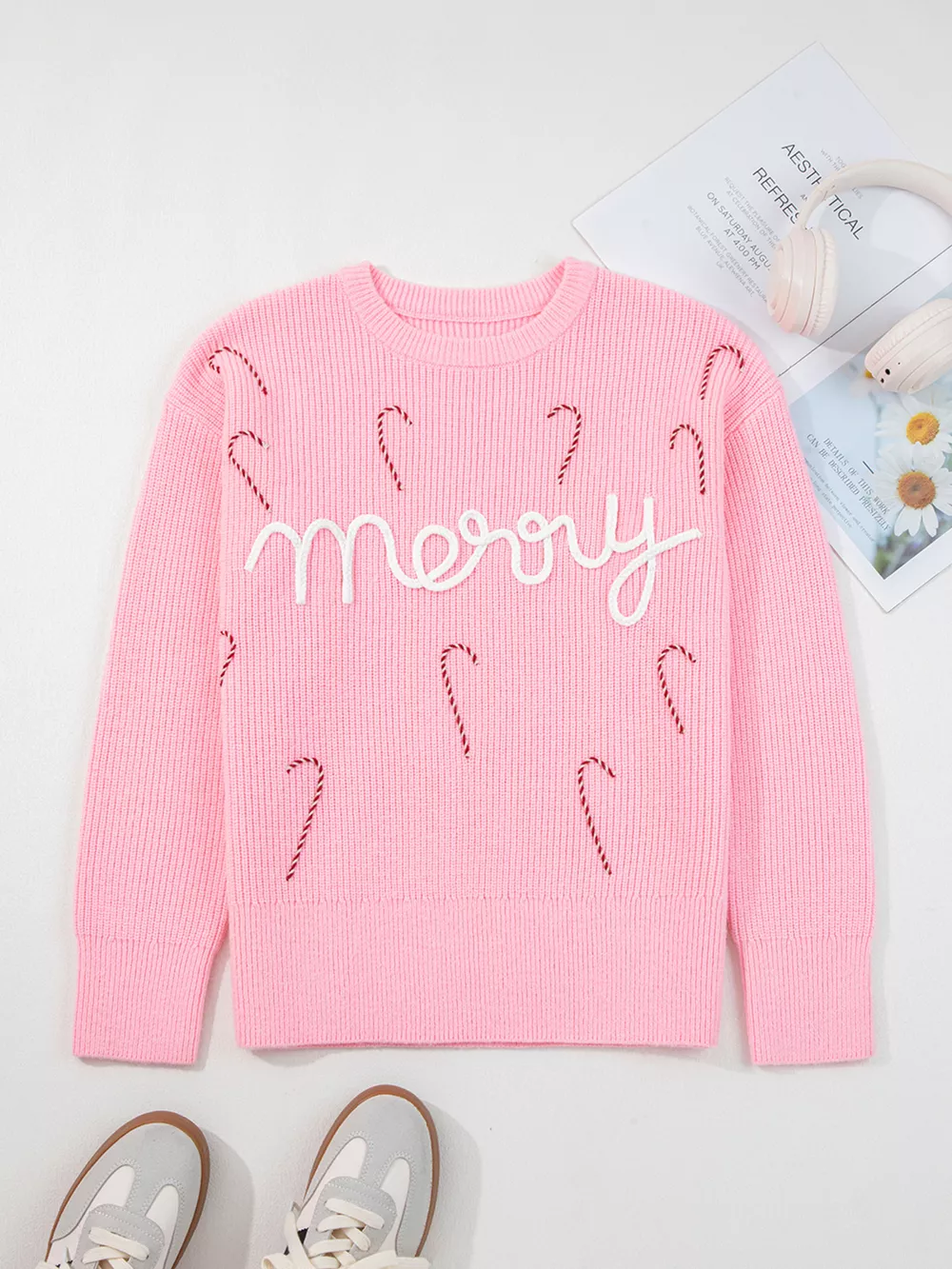 Merry Candy Cane Christmas Crew Neck Sweater, image 5