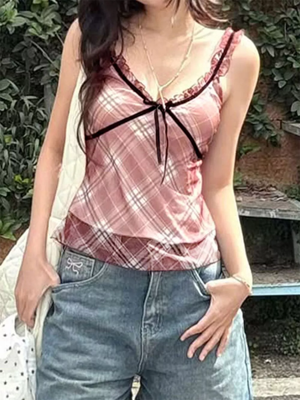 Plaid Ruffle Trim Cami, image 2