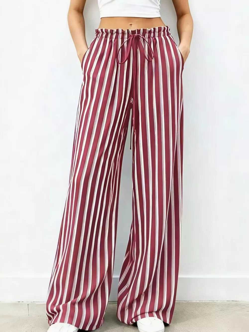 Striped Wide-Leg Drawstring Pants, image 4