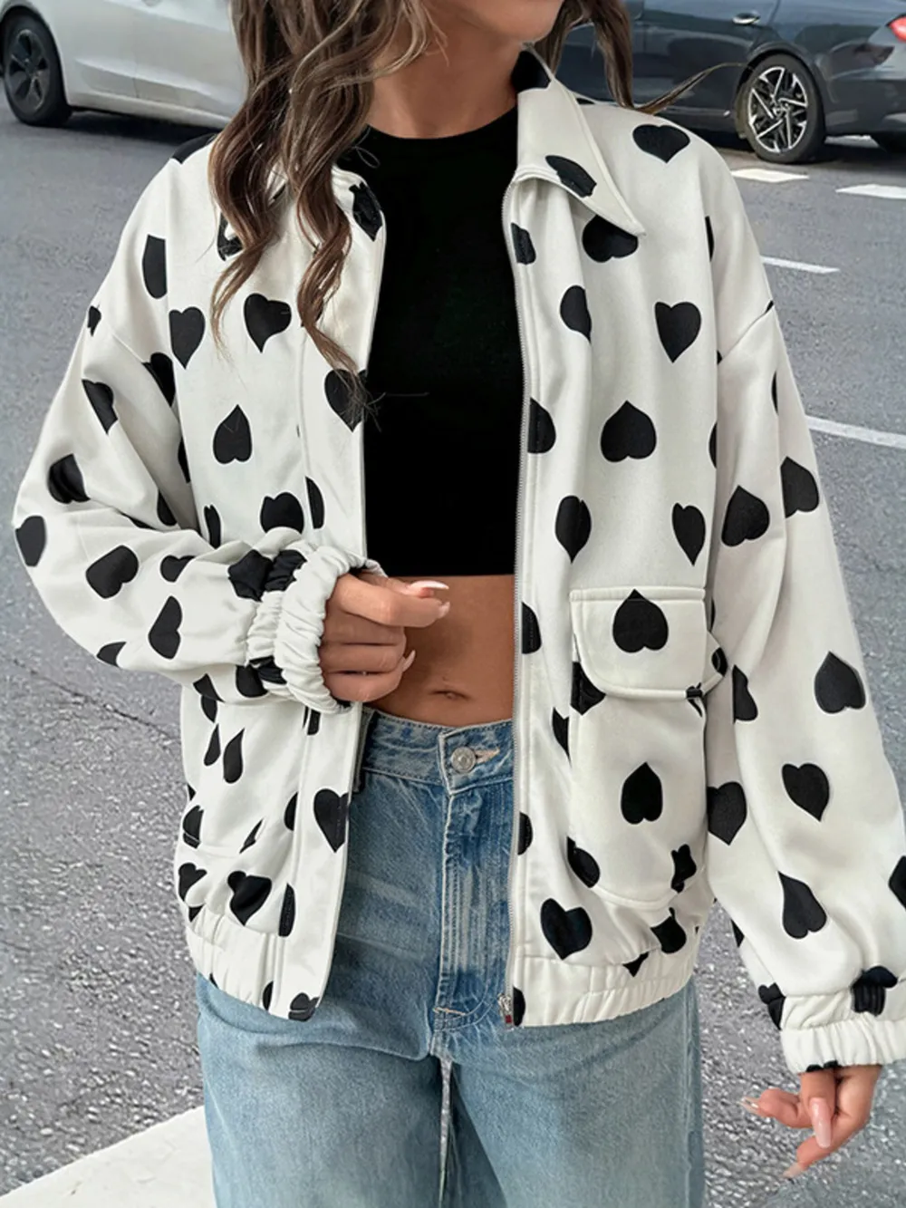 Heart Print Zip Up Jacket