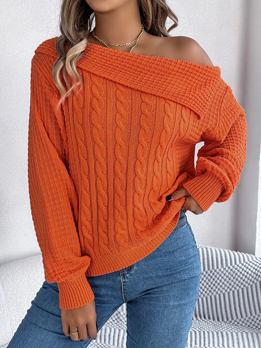 One Shoulder Cable Knit Sweater, image 13