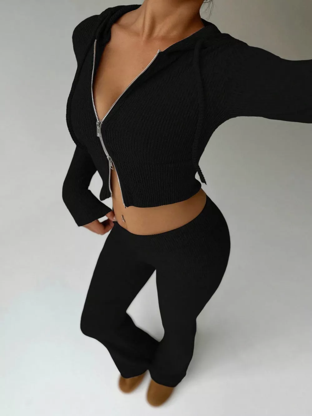 Ribbed Knit Zip-Up Hooded Top and Flared Pants Set, image 13