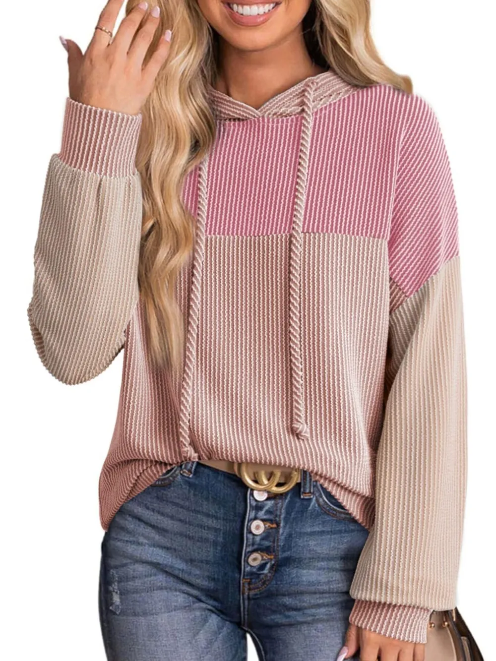 Drawstring Color Block Long Sleeve Hoodie, image 10
