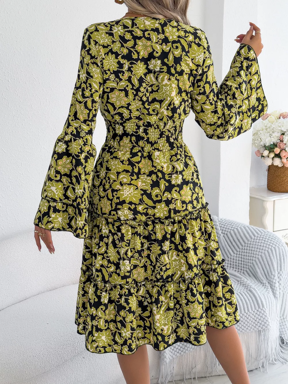 Floral Print Smocked Ruffle Hem Flared Sleeve Dress, image 10