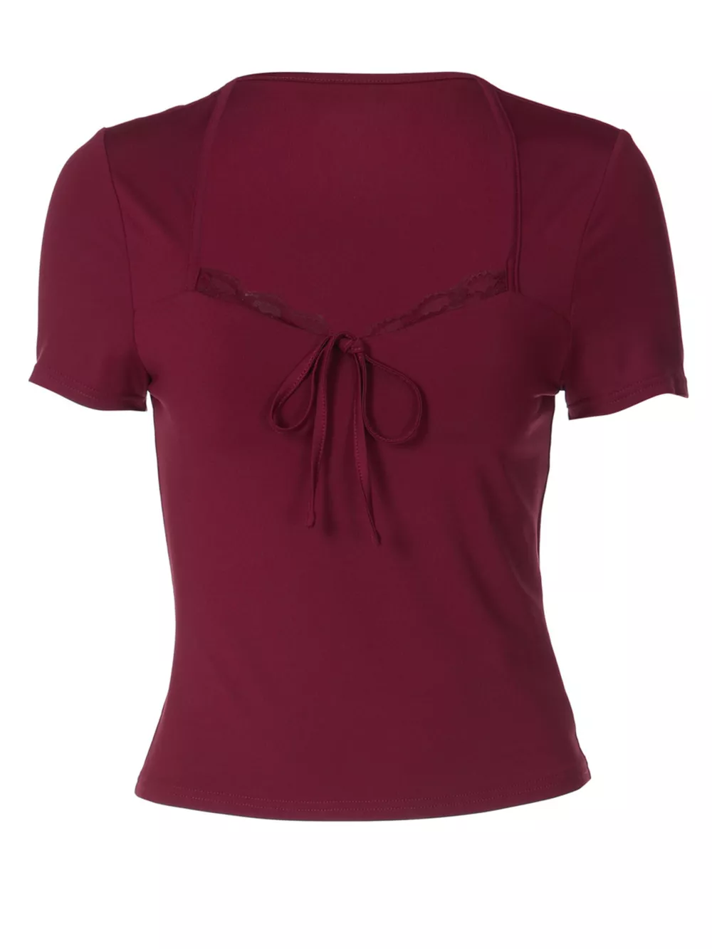 Sweetheart Neck Lace Trim Tie-Front T-Shirt, image 15