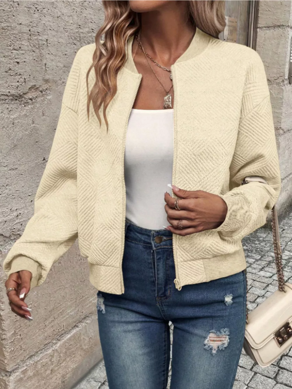 Textured Knit Zip-Up Bomber Jacket, image 4