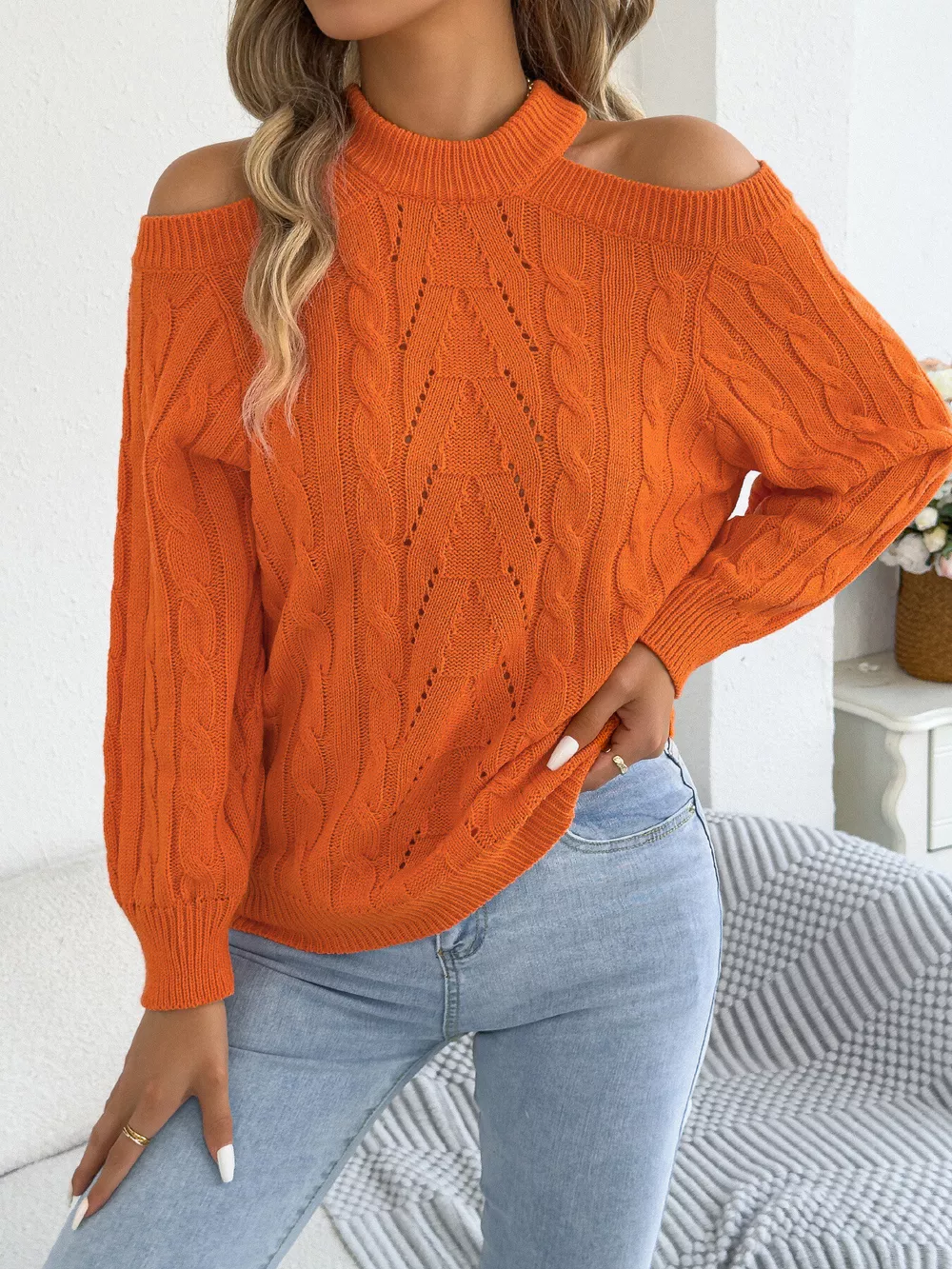 Cold Shoulder Cable Knit Sweater, image 5