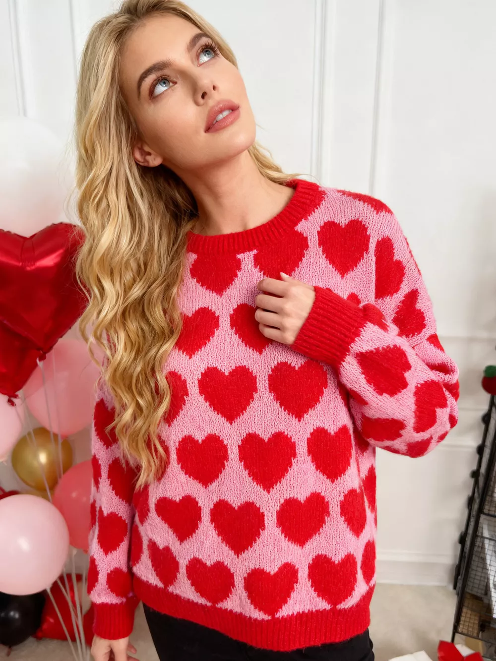 Heart Pattern Dropped Shoulder Sweater, image 2