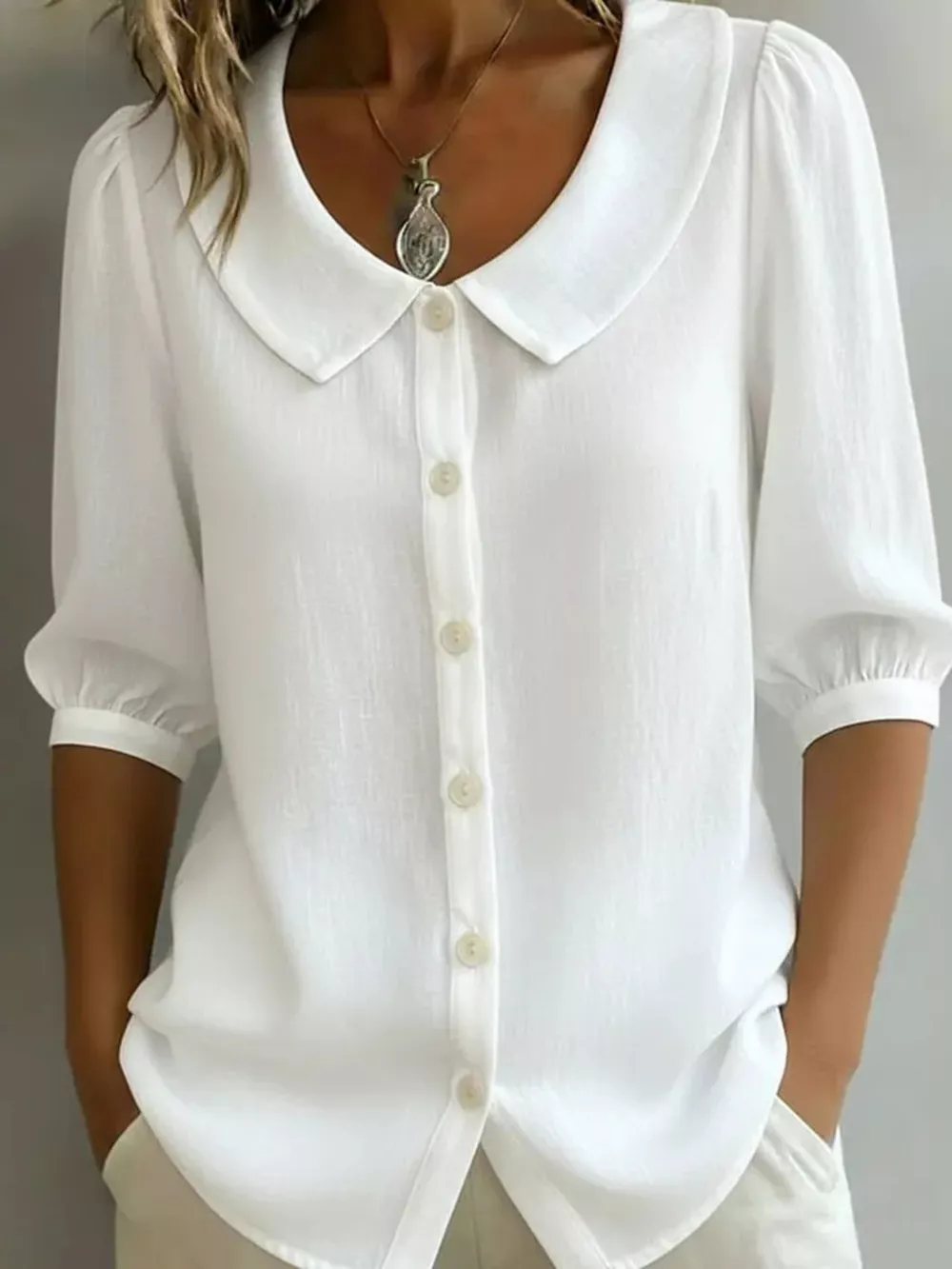 Full Size Peter Pan Collar Button Up Shirt Plus Size, image 5