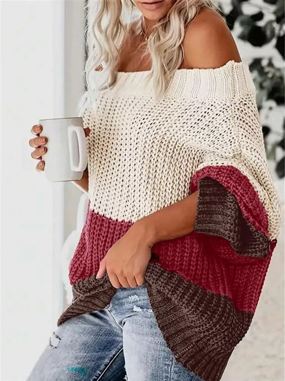 Off-Shoulder Color Block Sweater, image 3