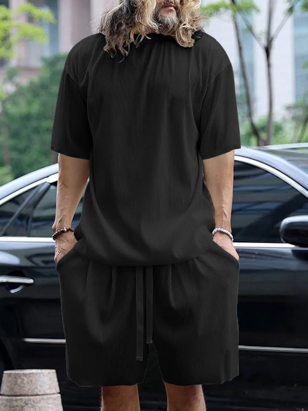 Men's Full Size Round Neck Short Sleeve Top and Shorts Set Plus Size
