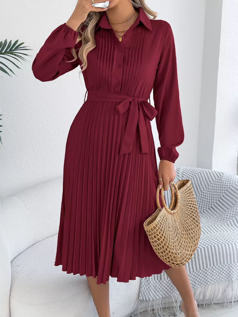 Pleated Tie Waist Balloon Sleeve Dress, image 12