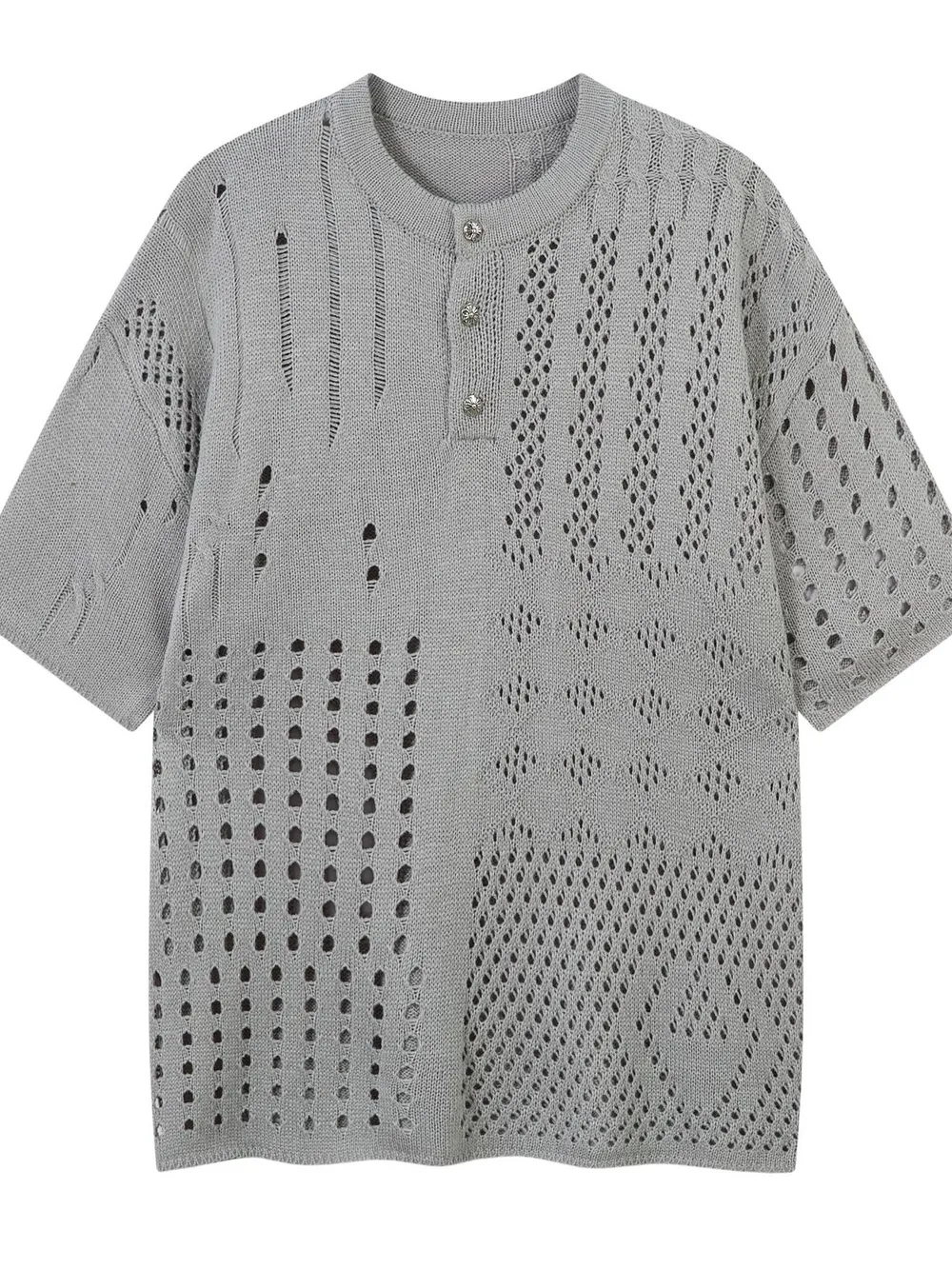 Men's Openwork Button Detail Knit Henley T-Shirt, image 5
