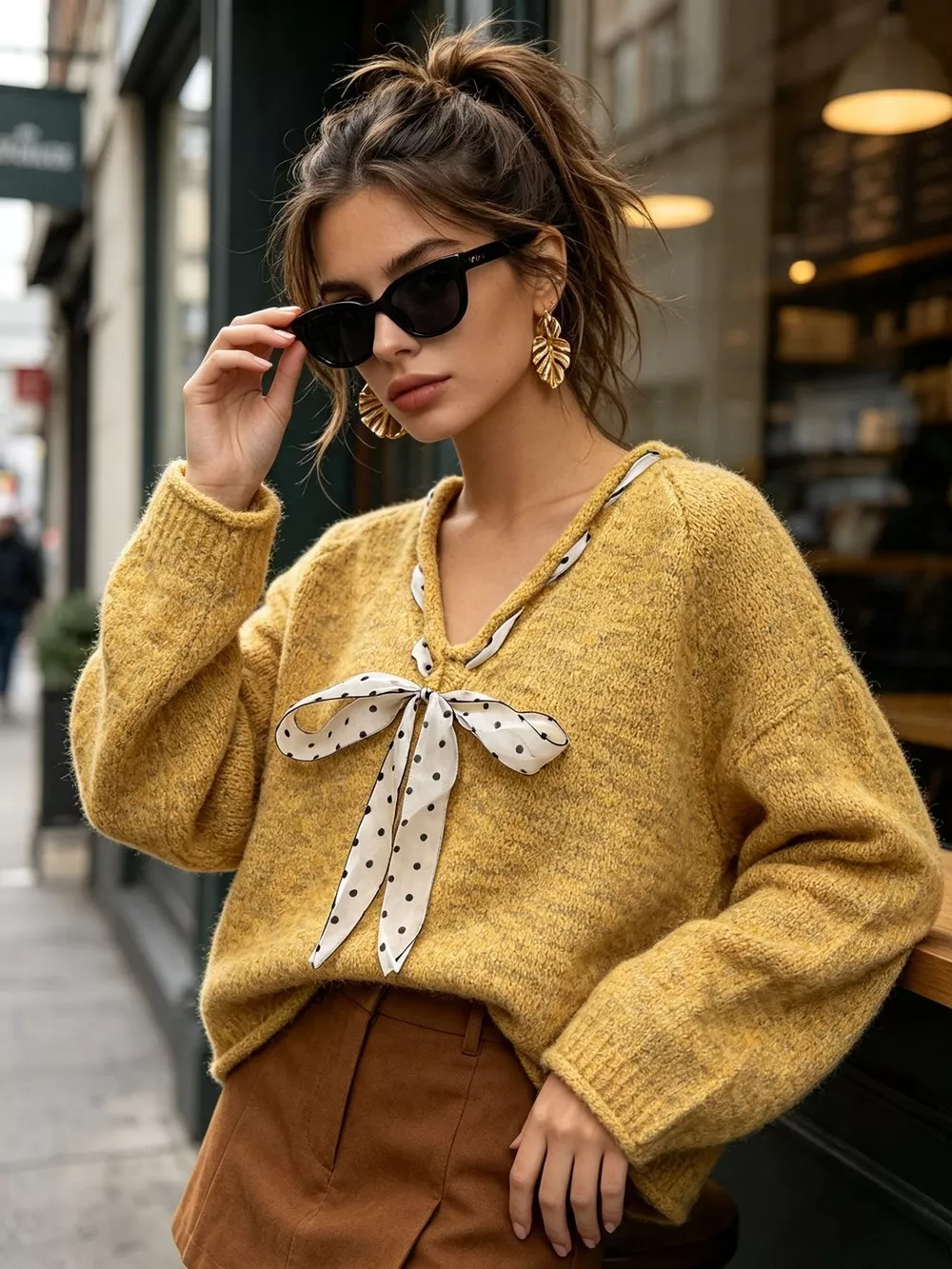 Chic V-Neck Sweater with Polka Dot Ribbon Tie, image 22