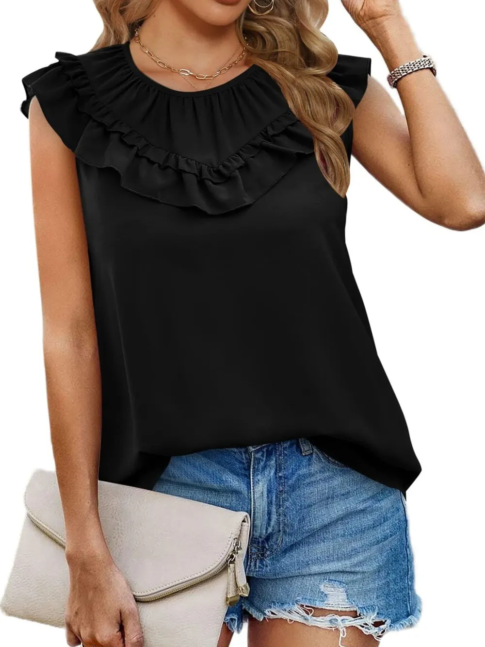 Ruffle Trim Round Neck Blouse, image 8