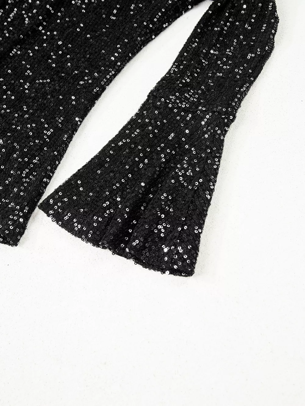 Sequin Mock Neck Drape Open Back Bell Sleeve Top, image 8