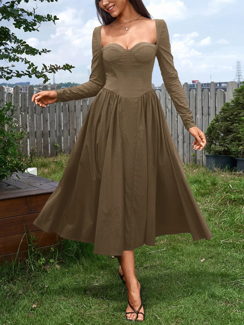 Sweetheart Neckline Long Sleeve A-Line Midi Dress, image 9
