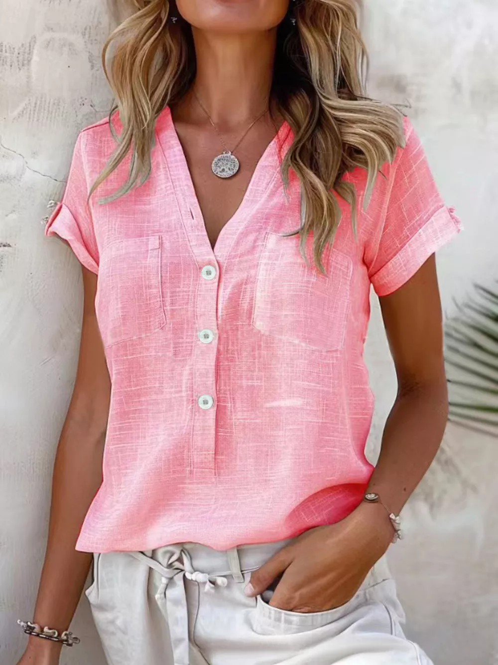 Full Size Casual V-Neck Button-Up Top Plus Size, image 7