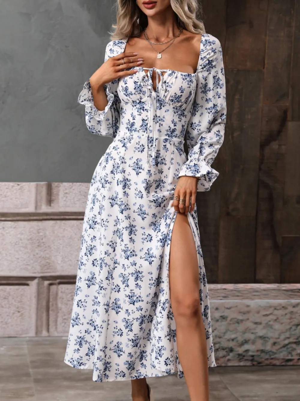 Floral Print Square Neck Flounce Sleeve Dress with Side Slit, image 10