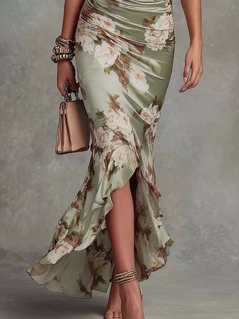 Floral Ruched High-Low Midi Dress, image 5