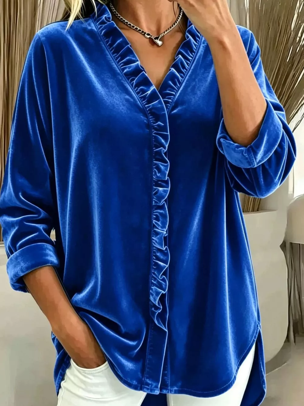 Velvet Frill V-Neck Blouse, image 2