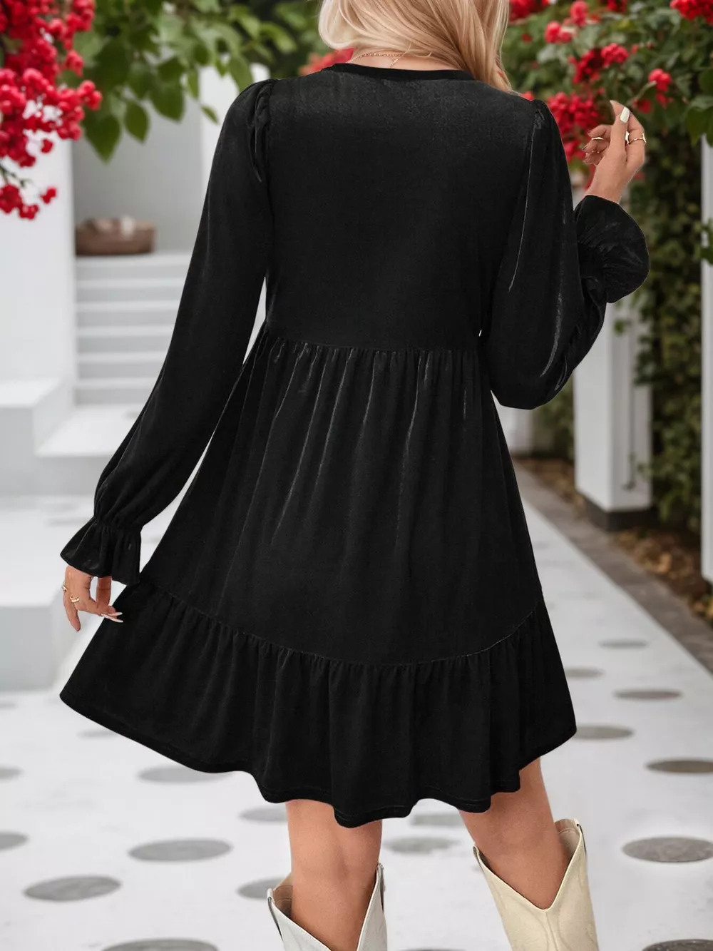 Velvet V-Neck Long Sleeve Ruffle Hem Mini Dress, image 6