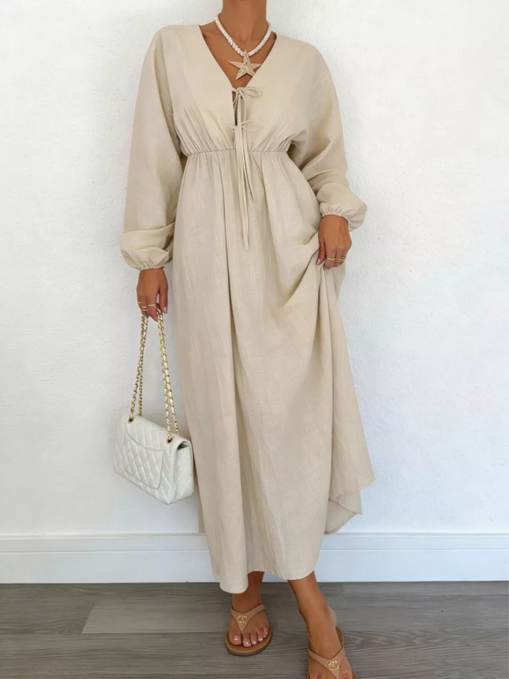 Tie Front Balloon Sleeve Maxi Dress, image 2