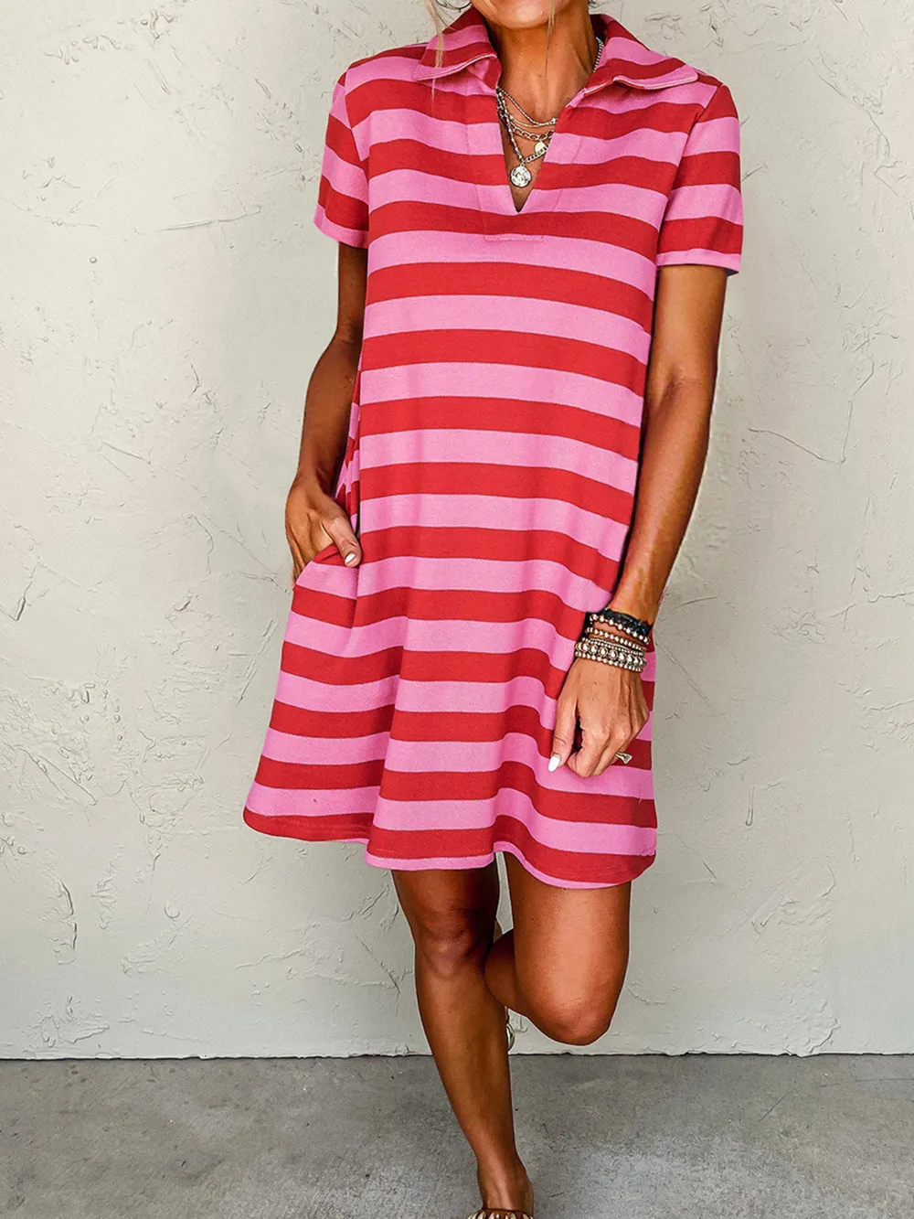 Striped Johnny Collar Short Sleeve Dress, image 3