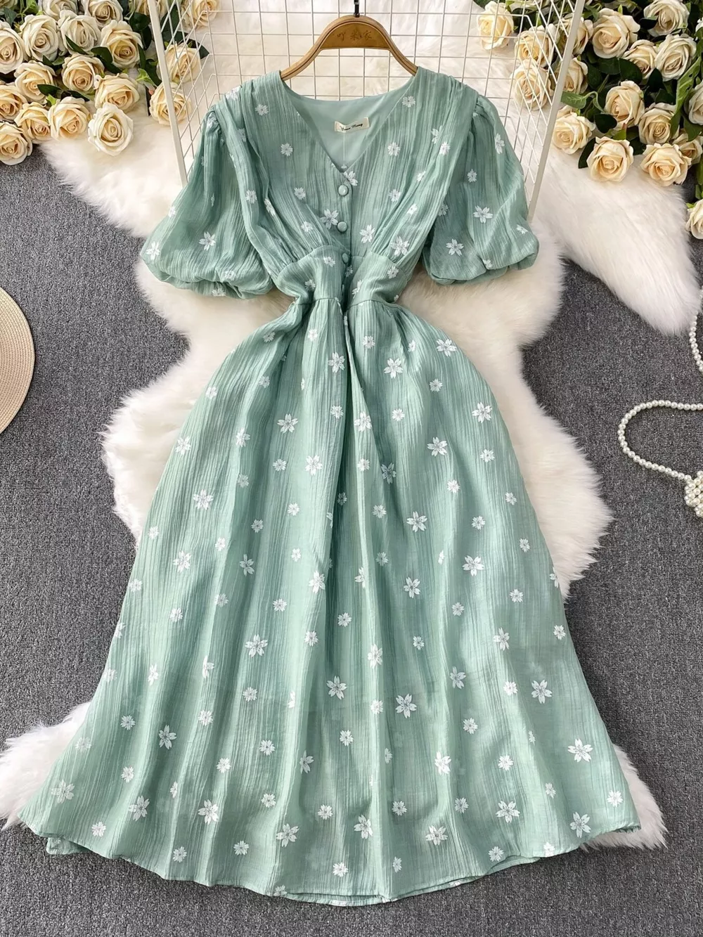 Floral Puff Sleeve A-Line Midi Dress, image 5