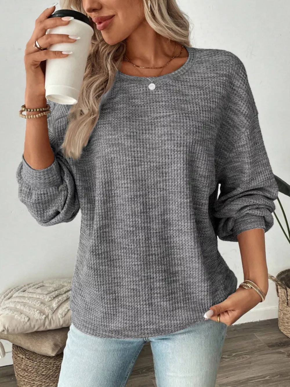 Space-Dyed Long Sleeve Waffle-Knit Top, image 9